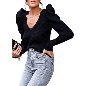 Women's Rib Knit Pullover Sweater Casual Long Puff Sleeve V Neck Solid Color Jum